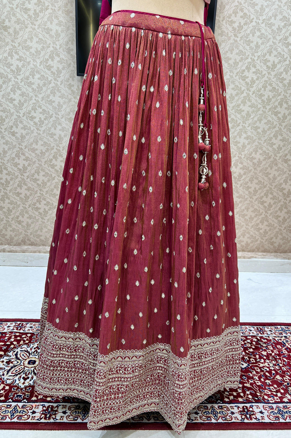 Magenta Beads, Zardozi, Stone, Zari and Mirror work Crop Top Lehenga