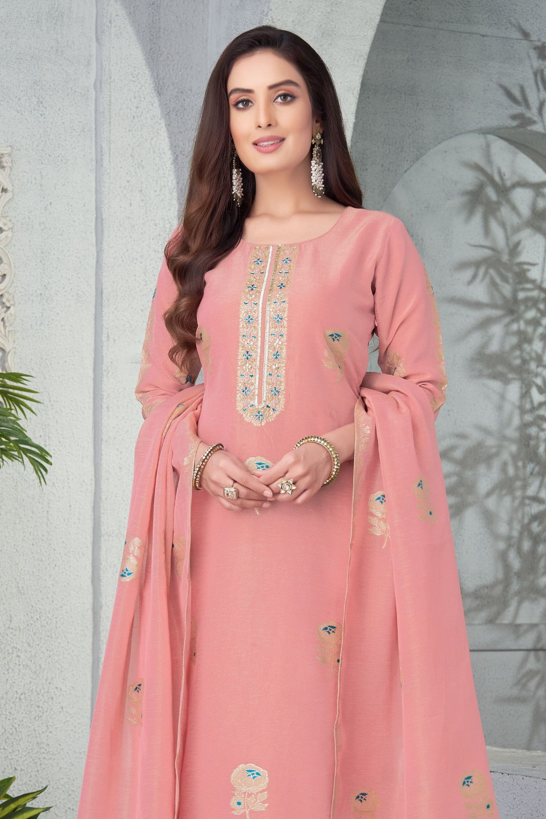 Onion Pink Banaras, Sequins and Beads work Straight Cut Salwar Suit