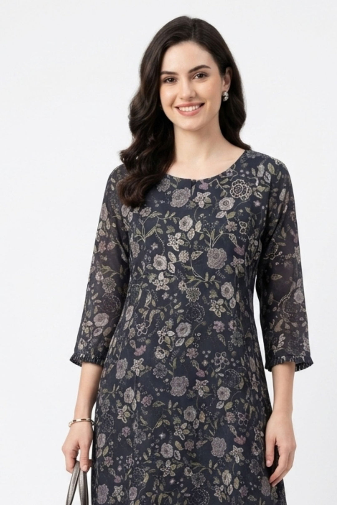 Black Embroidery and Stone work with Floral Print A-Line Cut Calf Length Kurti