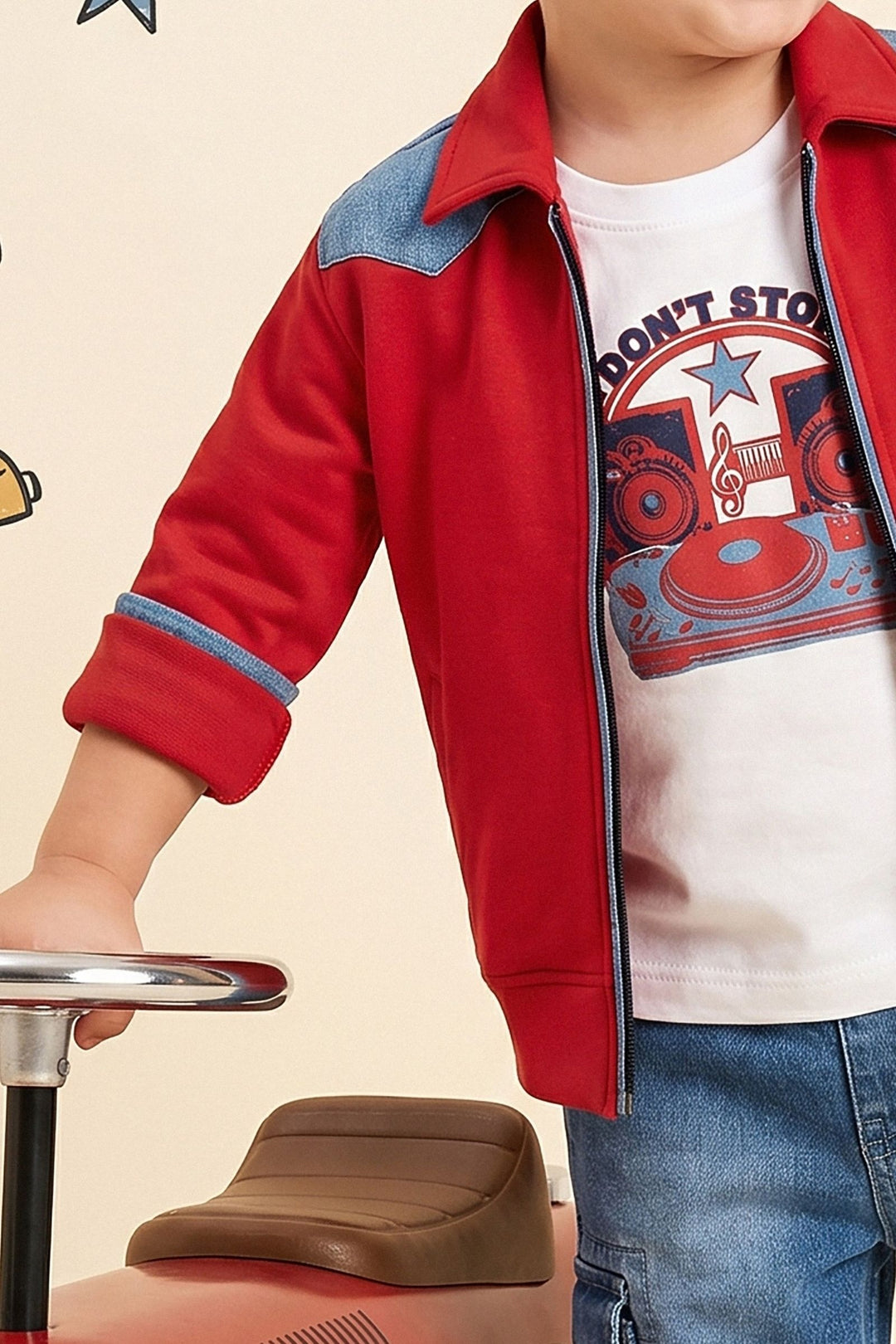 Red with White Printed Blazer, T-Shirt and Blue Pant Set for Boys