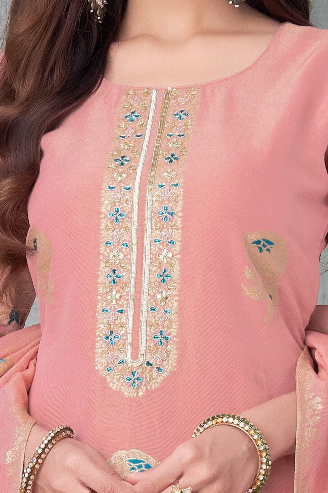 Onion Pink Banaras, Sequins and Beads work Straight Cut Salwar Suit