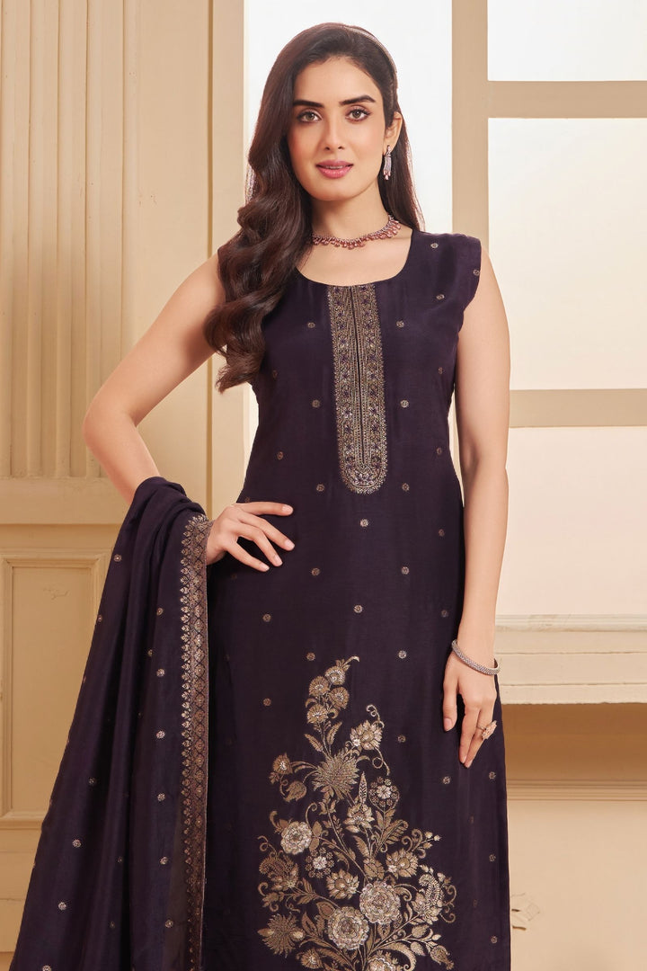 Wine Beads, Zardozi and Banaras work Straight Cut Salwar Suit