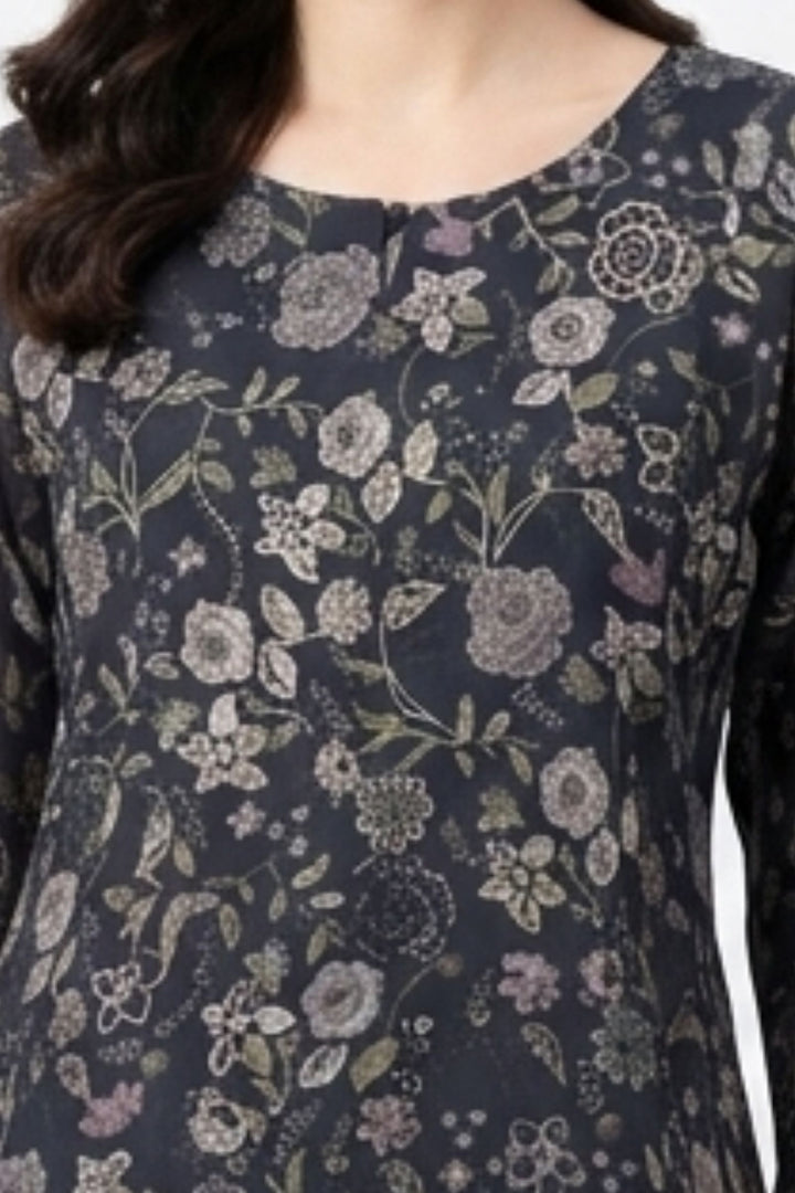 Black Embroidery and Stone work with Floral Print A-Line Cut Calf Length Kurti