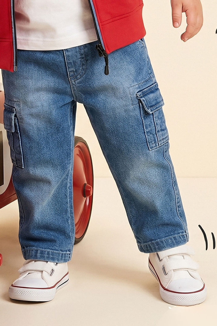 Red with White Printed Blazer, T-Shirt and Blue Pant Set for Boys