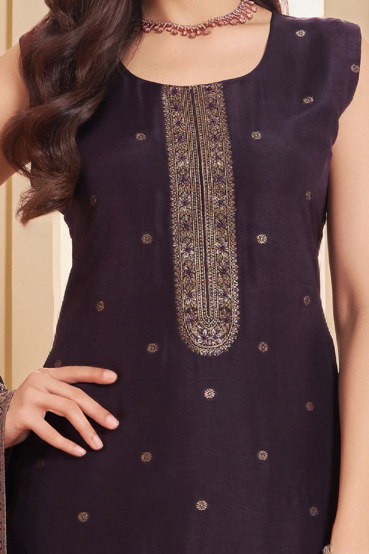 Wine Beads, Zardozi and Banaras work Straight Cut Salwar Suit