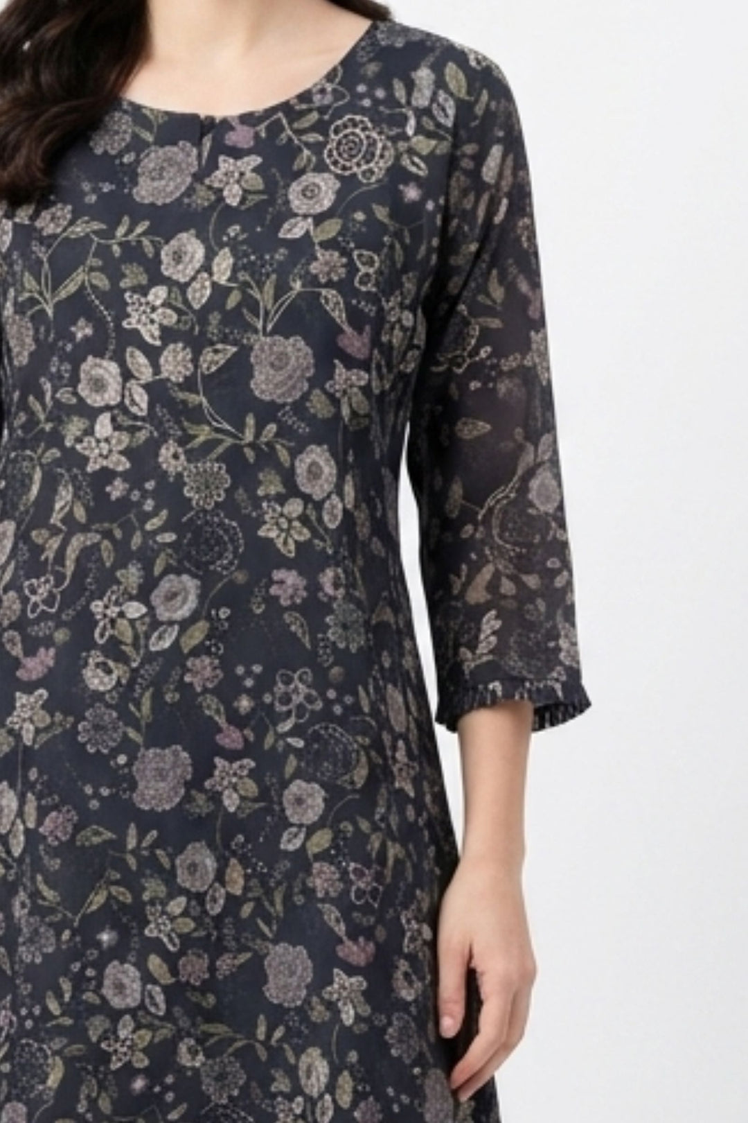 Black Embroidery and Stone work with Floral Print A-Line Cut Calf Length Kurti