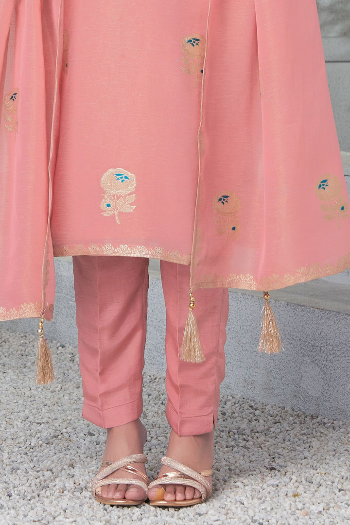 Onion Pink Banaras, Sequins and Beads work Straight Cut Salwar Suit