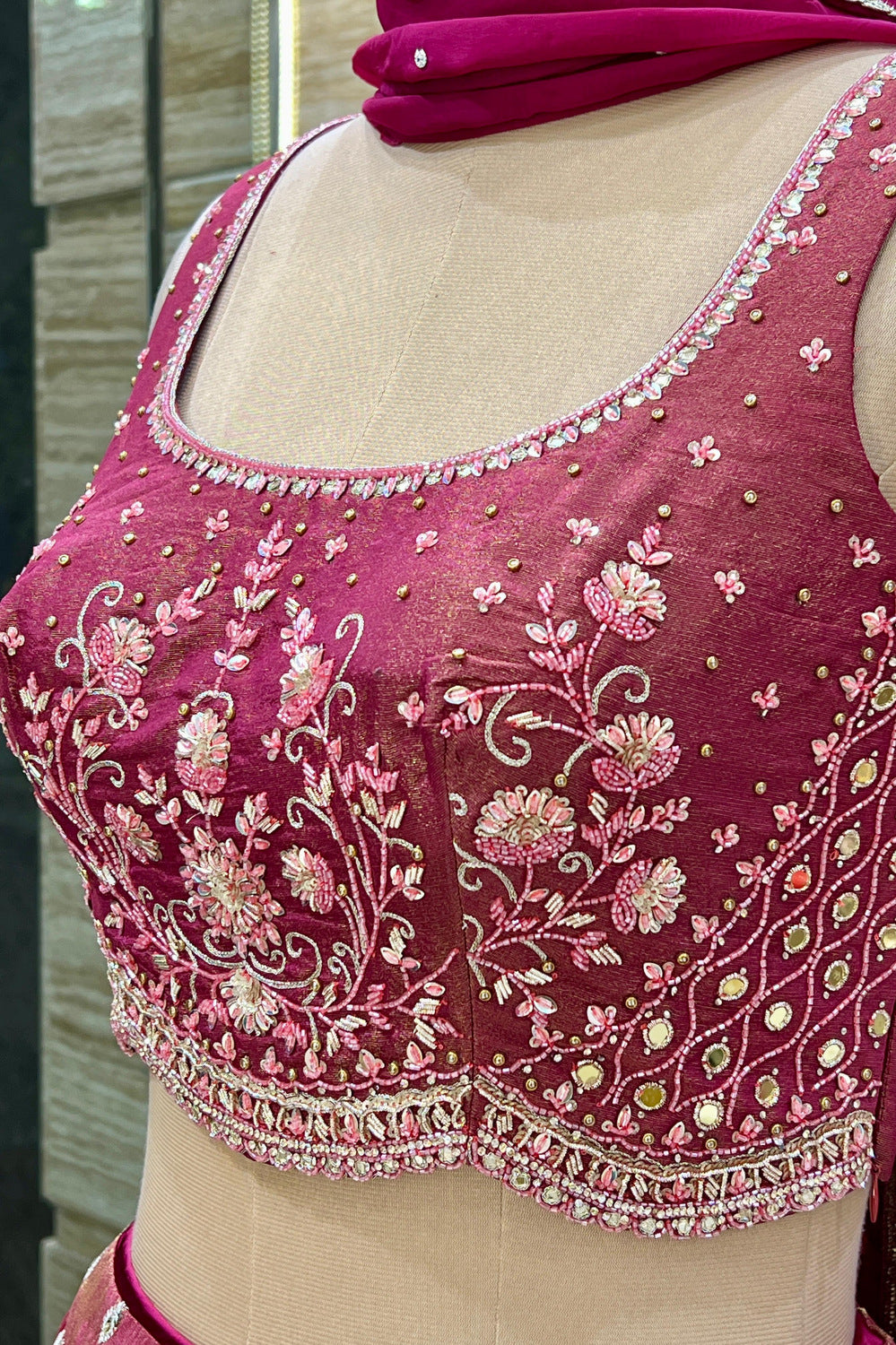 Magenta Beads, Zardozi, Stone, Zari and Mirror work Crop Top Lehenga