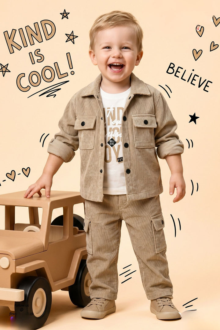 Beige with White Printed Blazer, T-Shirt and Pant Set for Boys