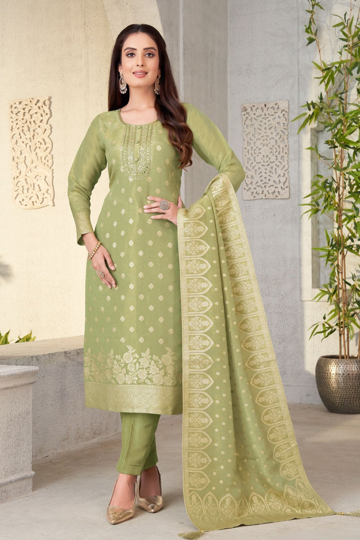 Pista Green Banaras, Zardozi and Beads work Straight Cut Salwar Suit