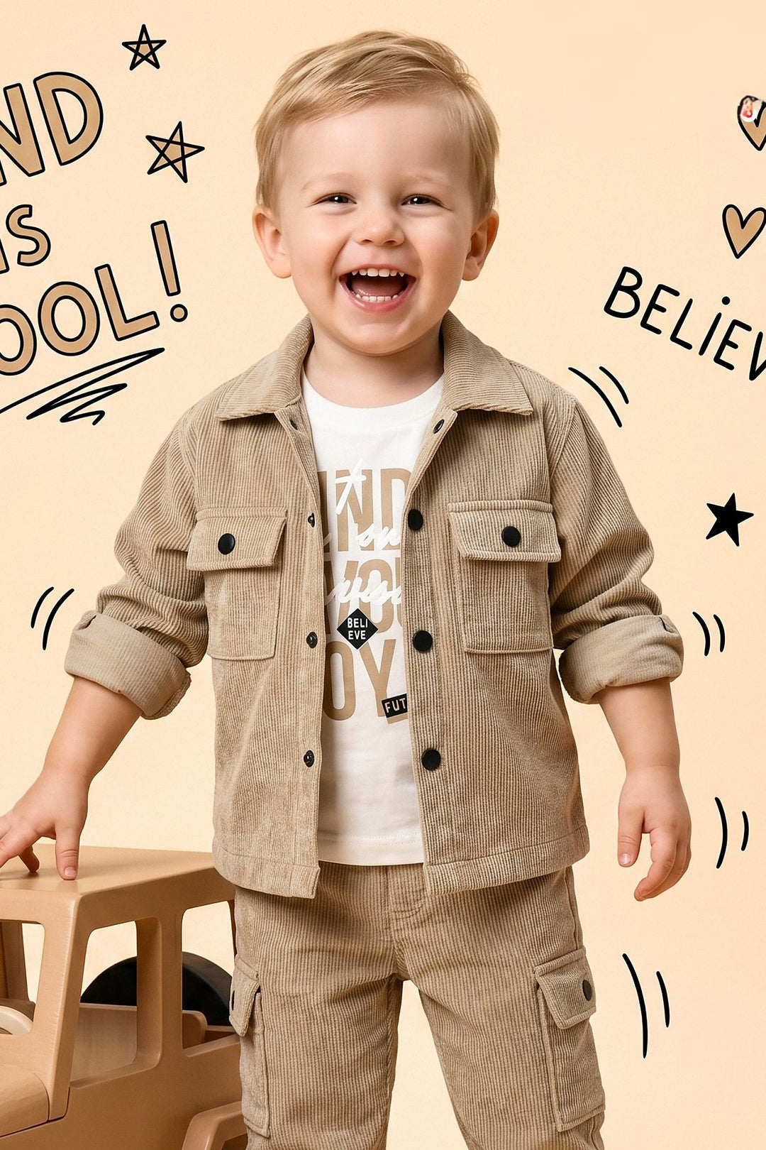 Beige with White Printed Blazer, T-Shirt and Pant Set for Boys