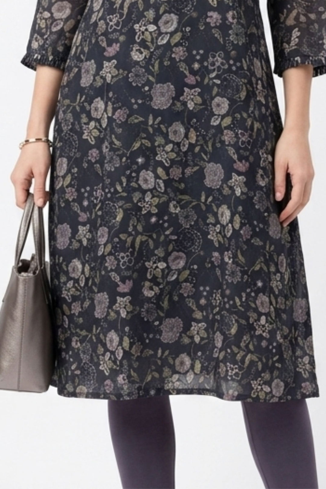 Black Embroidery and Stone work with Floral Print A-Line Cut Calf Length Kurti