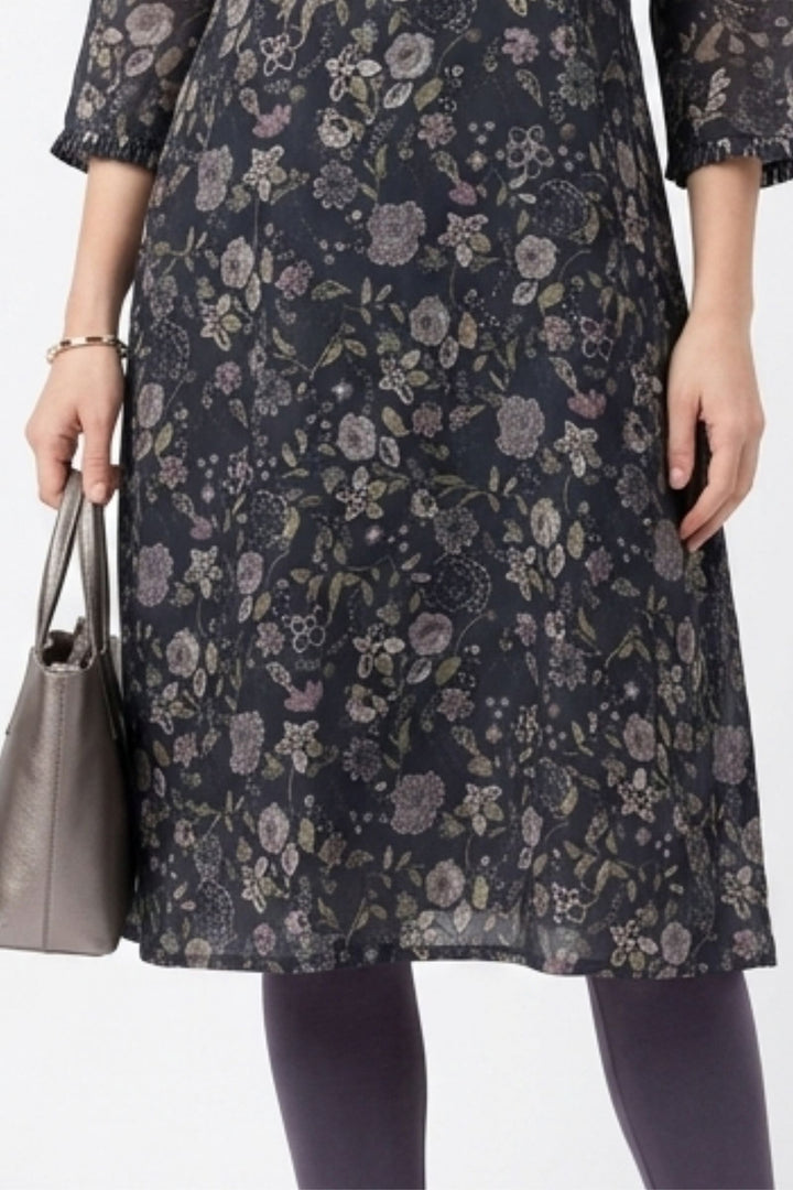 Black Embroidery and Stone work with Floral Print A-Line Cut Calf Length Kurti