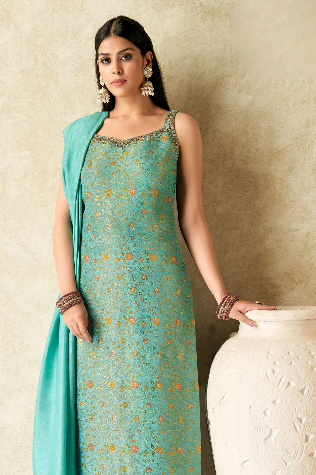 Sea Green Mirror, Zardozi, Stone, Beads and Brocade work Straight Cut Salwar Suit