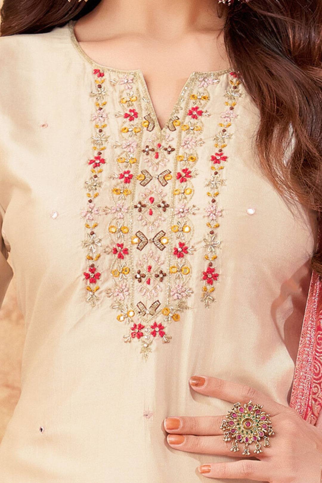 Beige Zardozi, Thread, Mirror and Beads work Straight Cut Salwar Suit