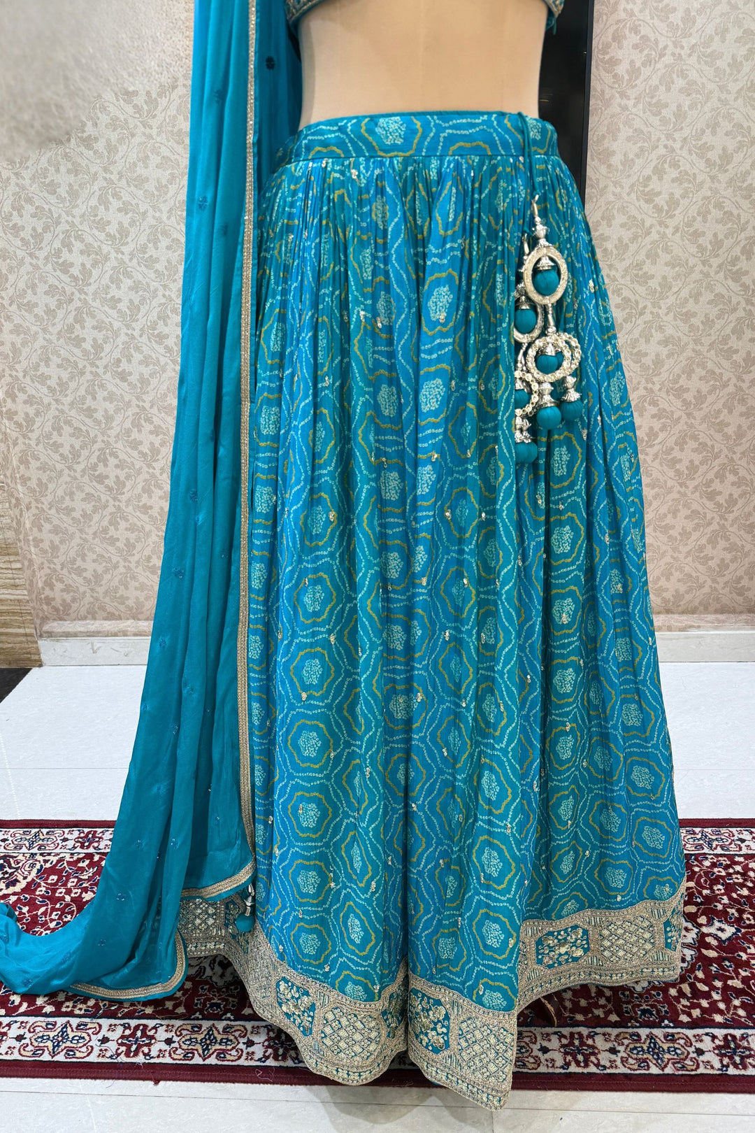 Rama Blue Stone, Zardozi, Sequins and Mirror work with Bandini Print Crop Top Lehenga