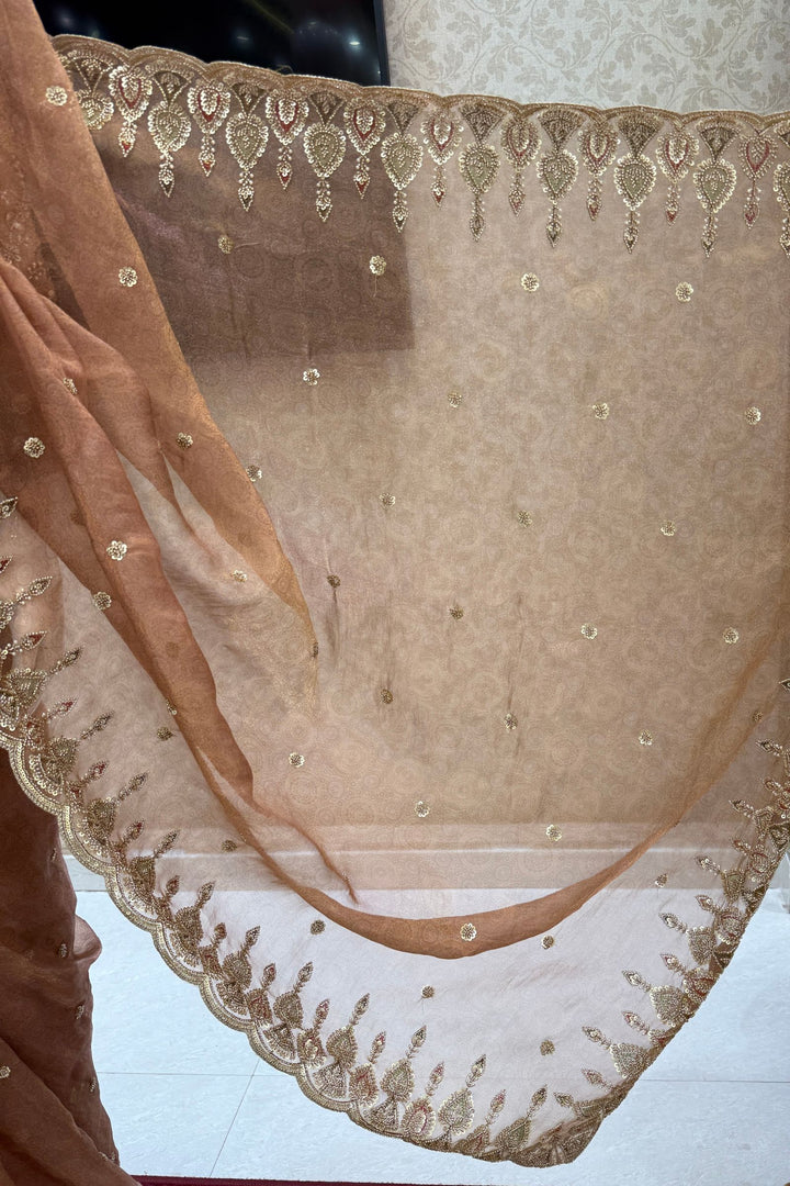 Mustard Pearls, Beads and Multicolor Thread work with Self Print Saree