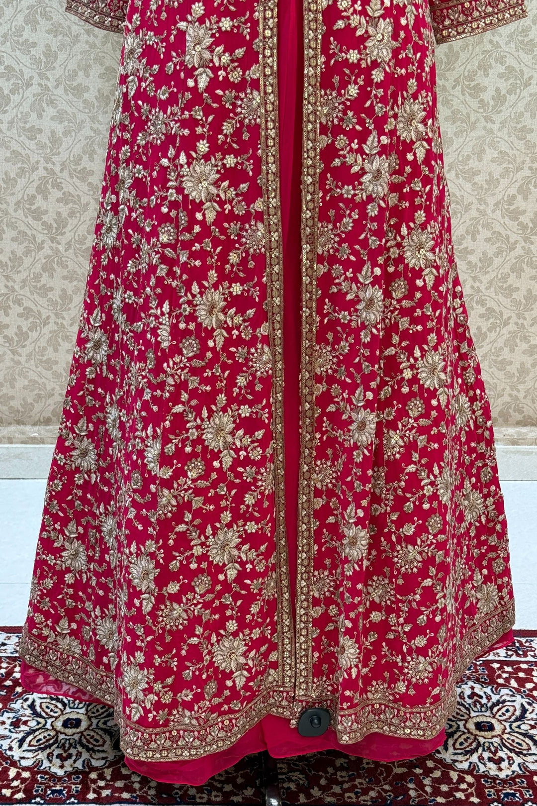 Rani Pink Embroidery and Sequins work Mastani Styled Long Top Lehenga