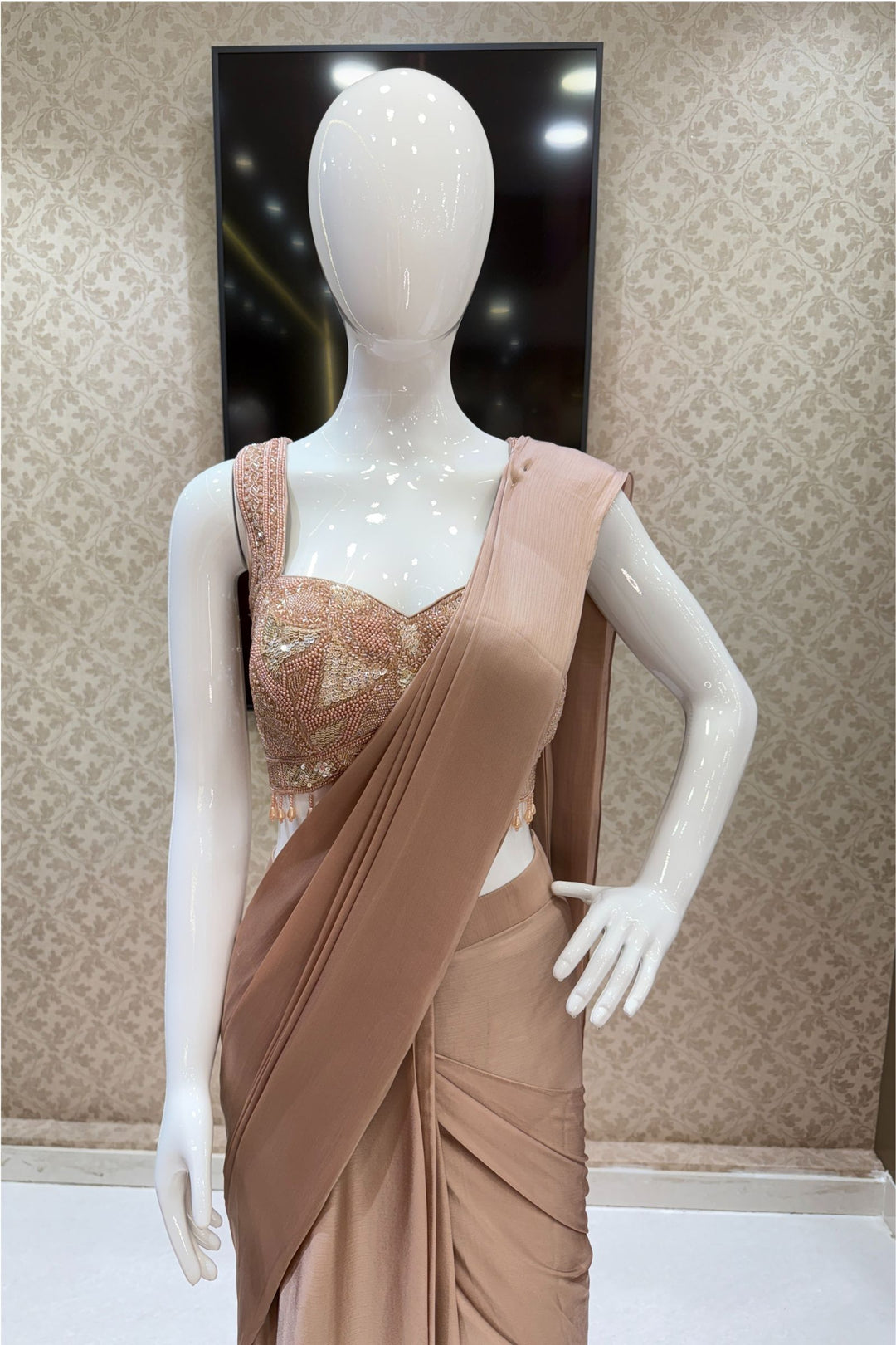 Champagne Gold Beads and Sequins work Indo-Western Styled Readymade Saree