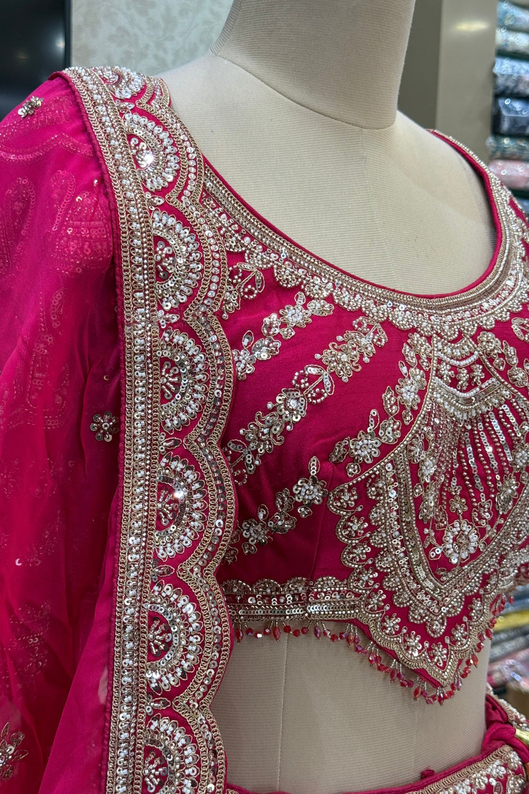 Rani Pink Zari, Sequins, Beads and Zardozi work Crop Top Designer Bridal Lehenga with Belt