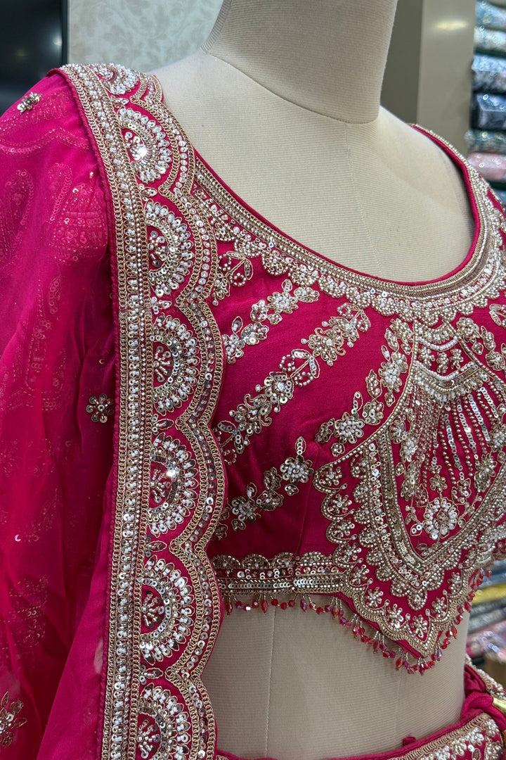 Rani Pink Zari, Sequins, Beads and Zardozi work Crop Top Designer Bridal Lehenga with Belt