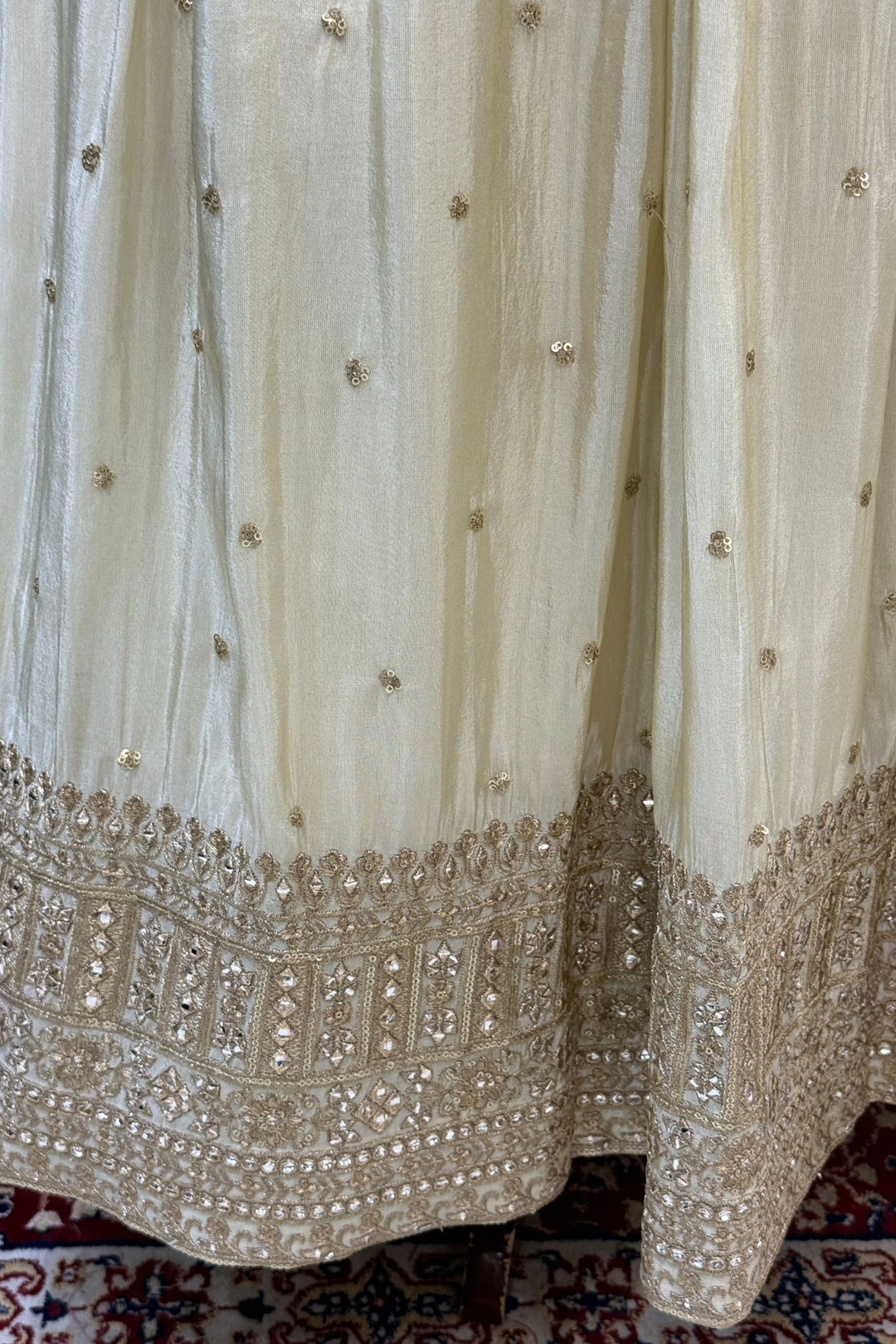 Rani Pink with Cream Banaras, Beads, Sequins, Zari and Stone work Peplum Style Lehenga