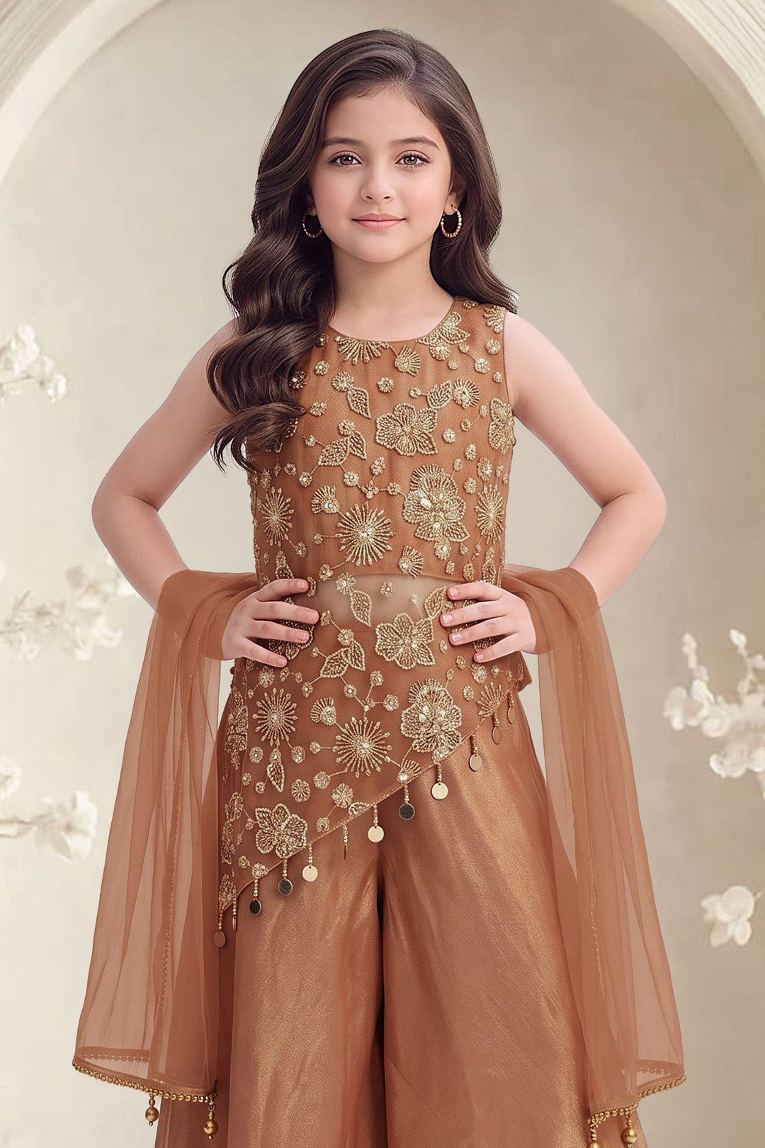 Rust Zari, Beads and Sequins work Palazzo Suit Set for Girls