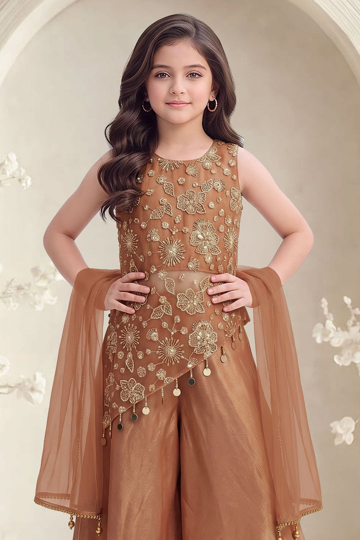 Rust Zari, Beads and Sequins work Palazzo Suit Set for Girls