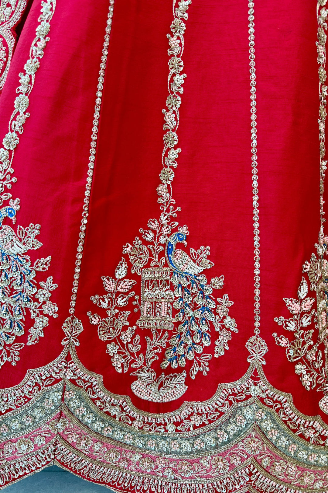 Red Zardozi, Sequins, Beads, Pearl, Thread and Zari work Crop Top Designer Bridal Lehenga