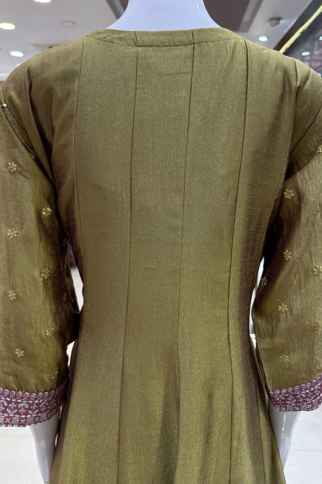 Olive Green Beads, Zardozi, Thread, Sequins, Stone and Zari work A-line Cut Salwar Suit