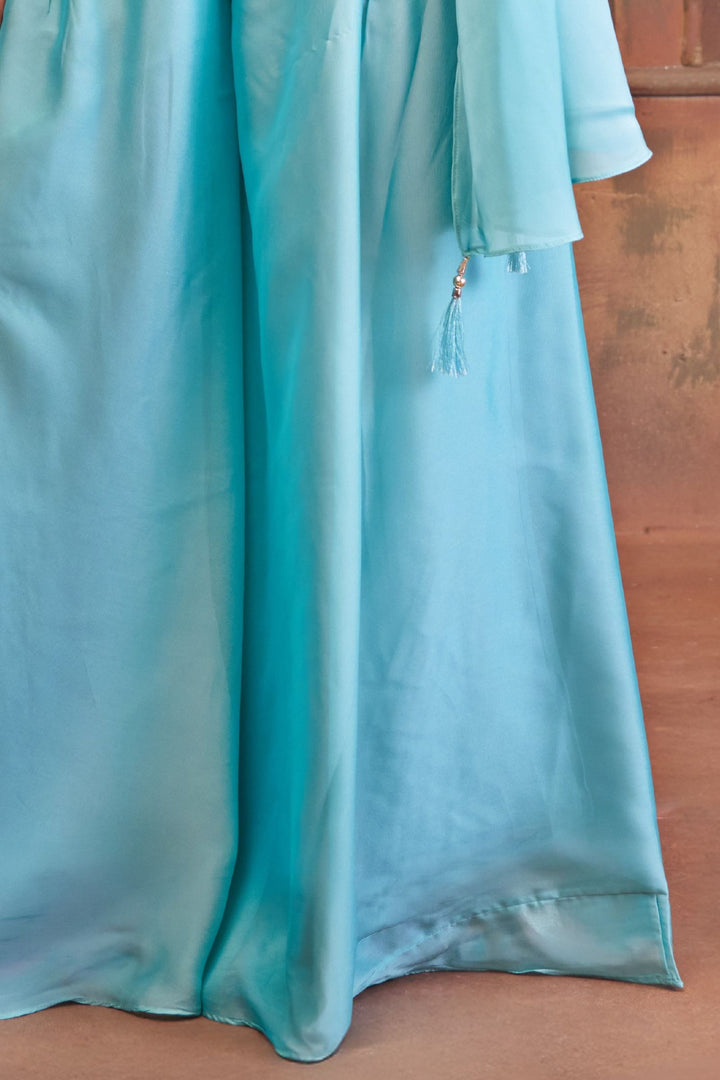 Firozi Blue Banaras, Stone and Beads work Palazzo Suit Set