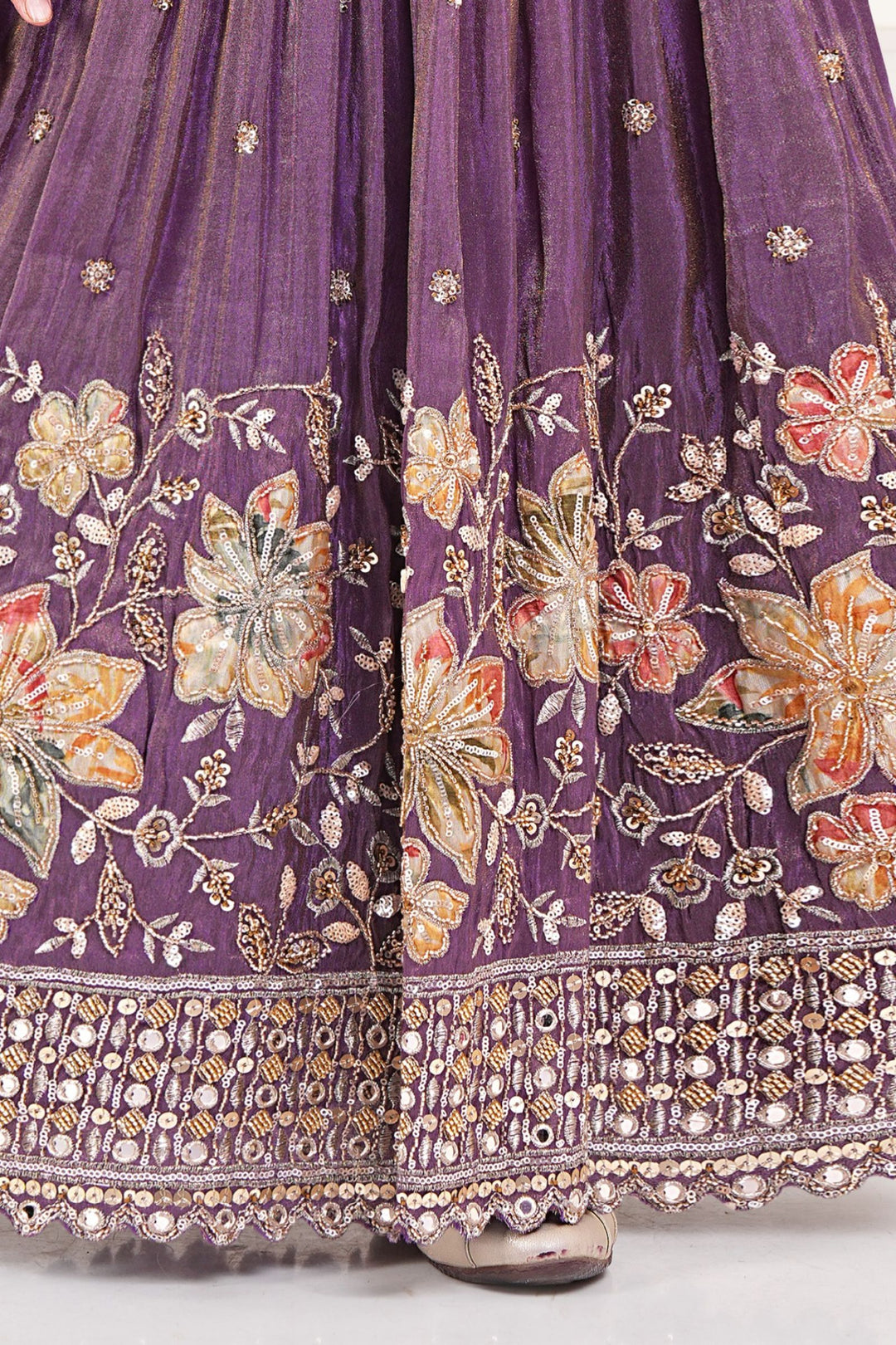 Purple Sequins, Beads and Stone work with Floral Print Lehenga Choli for Girls