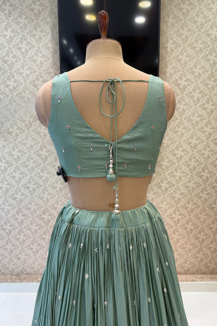 Sea Green Mirror, Stone, Zardozi, Beads and Embroidery work Lehenga