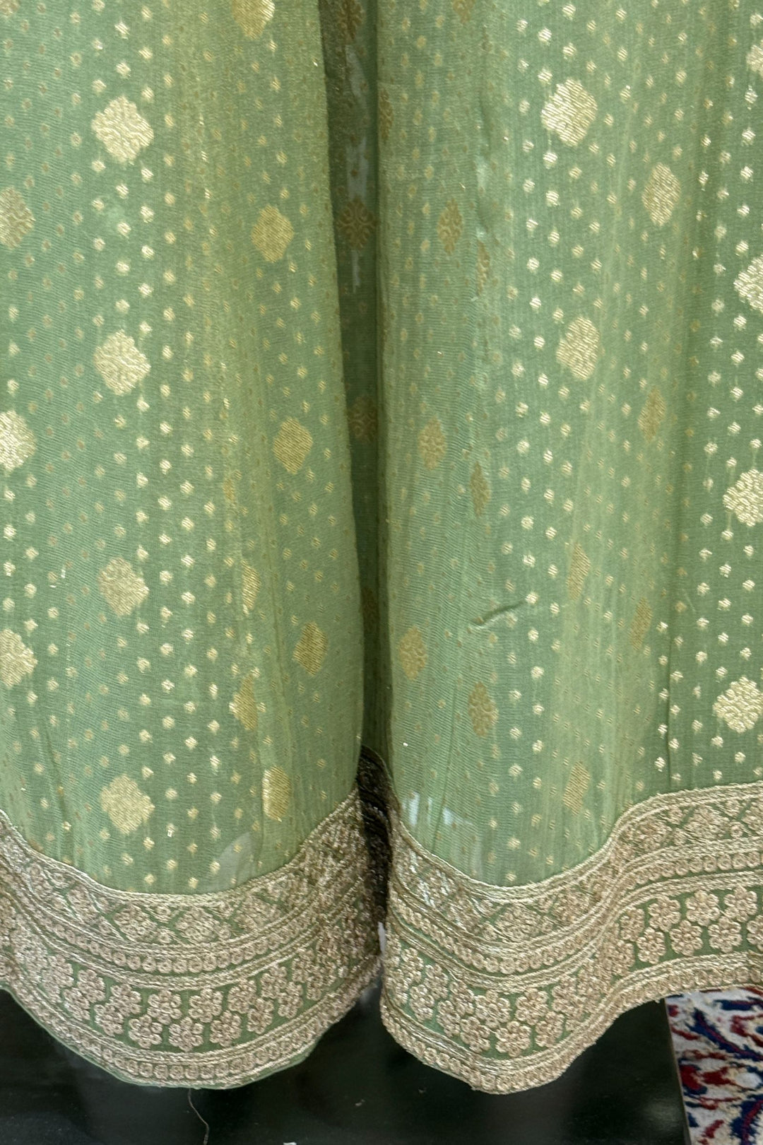 Pista Green Stone, Zari and Sequins work Crop Top with Overcoat Styled Palazzo Suit Set