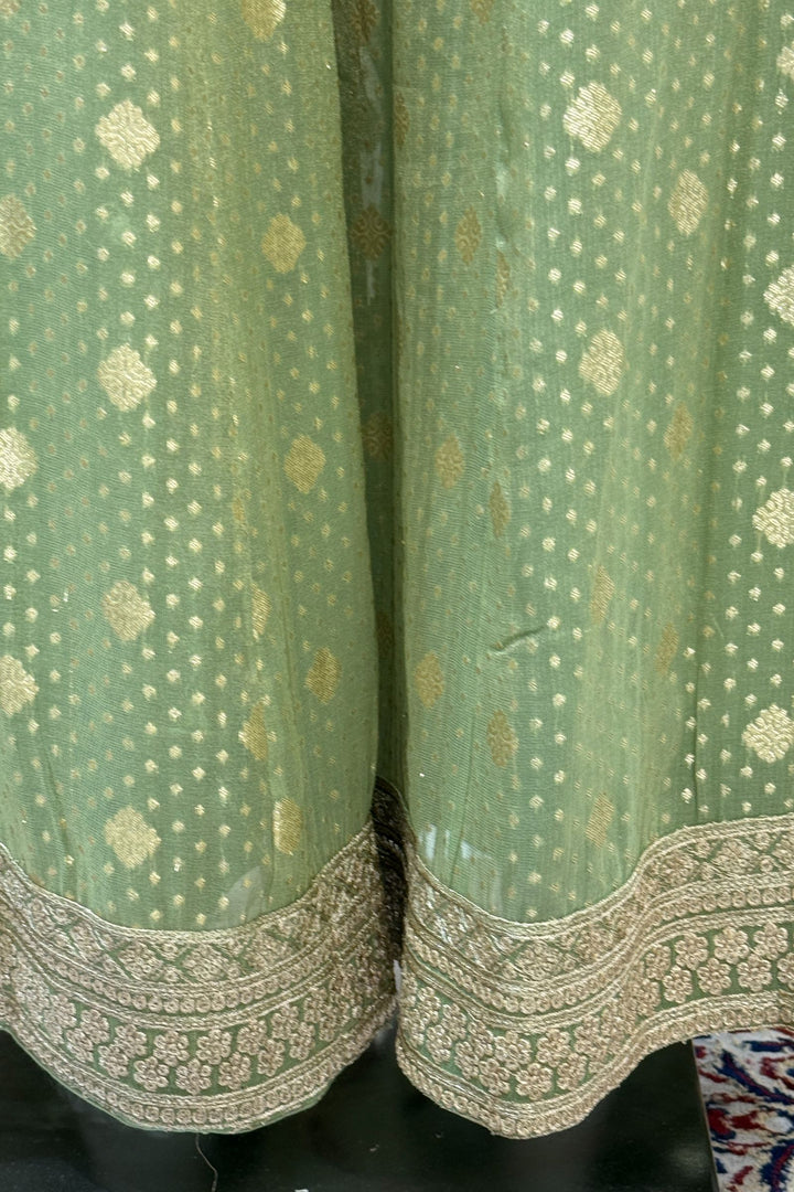 Pista Green Stone, Zari and Sequins work Crop Top with Overcoat Styled Palazzo Suit Set