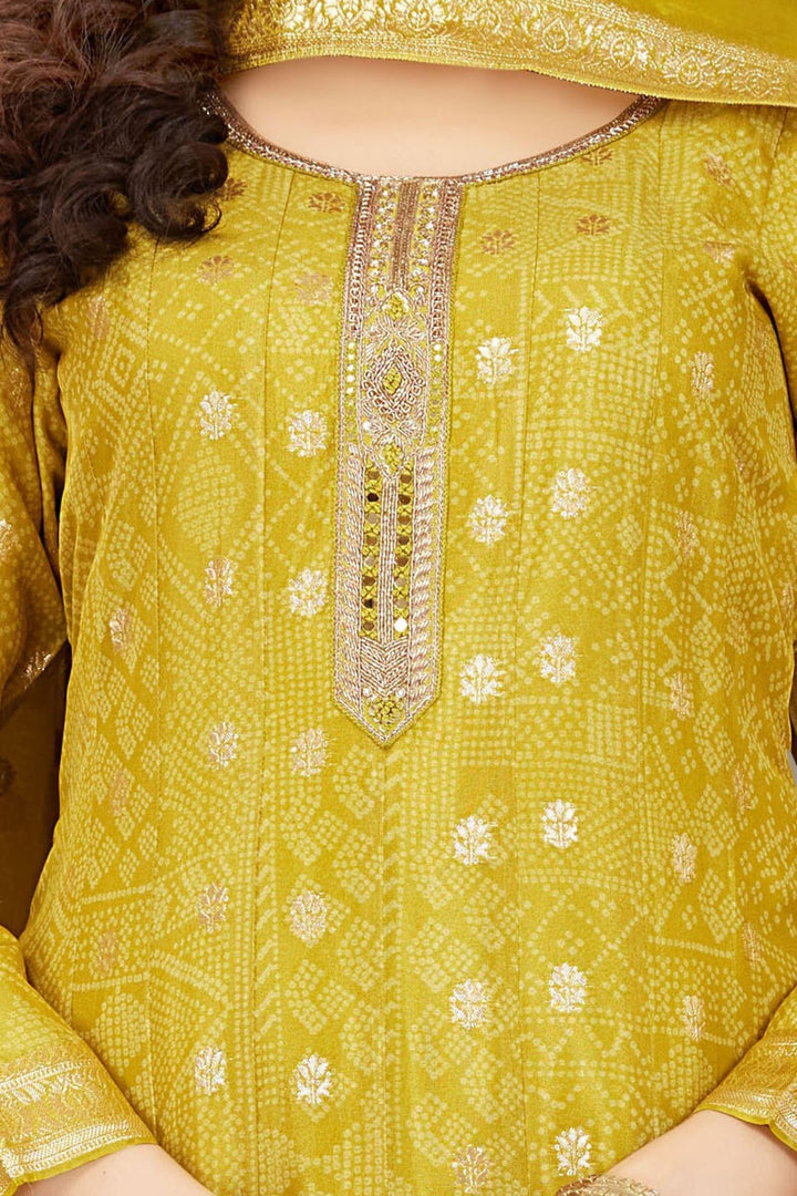 Liril Green Banaras, Zardozi and Mirror work with Bandini Print Anarkali Style Salwar