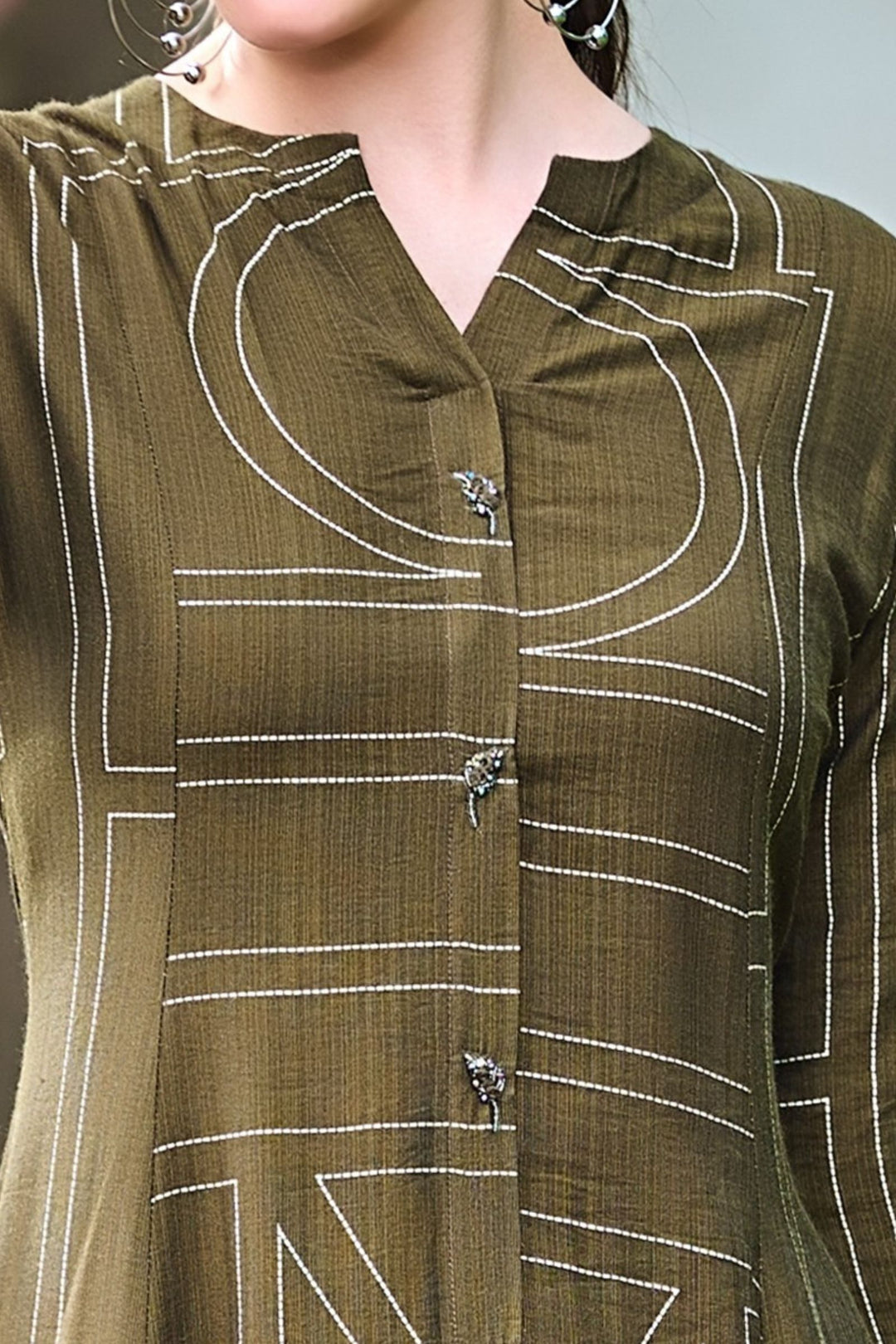 Mehendi Green Beads work with Printed Anarkali Styled Long Kurti