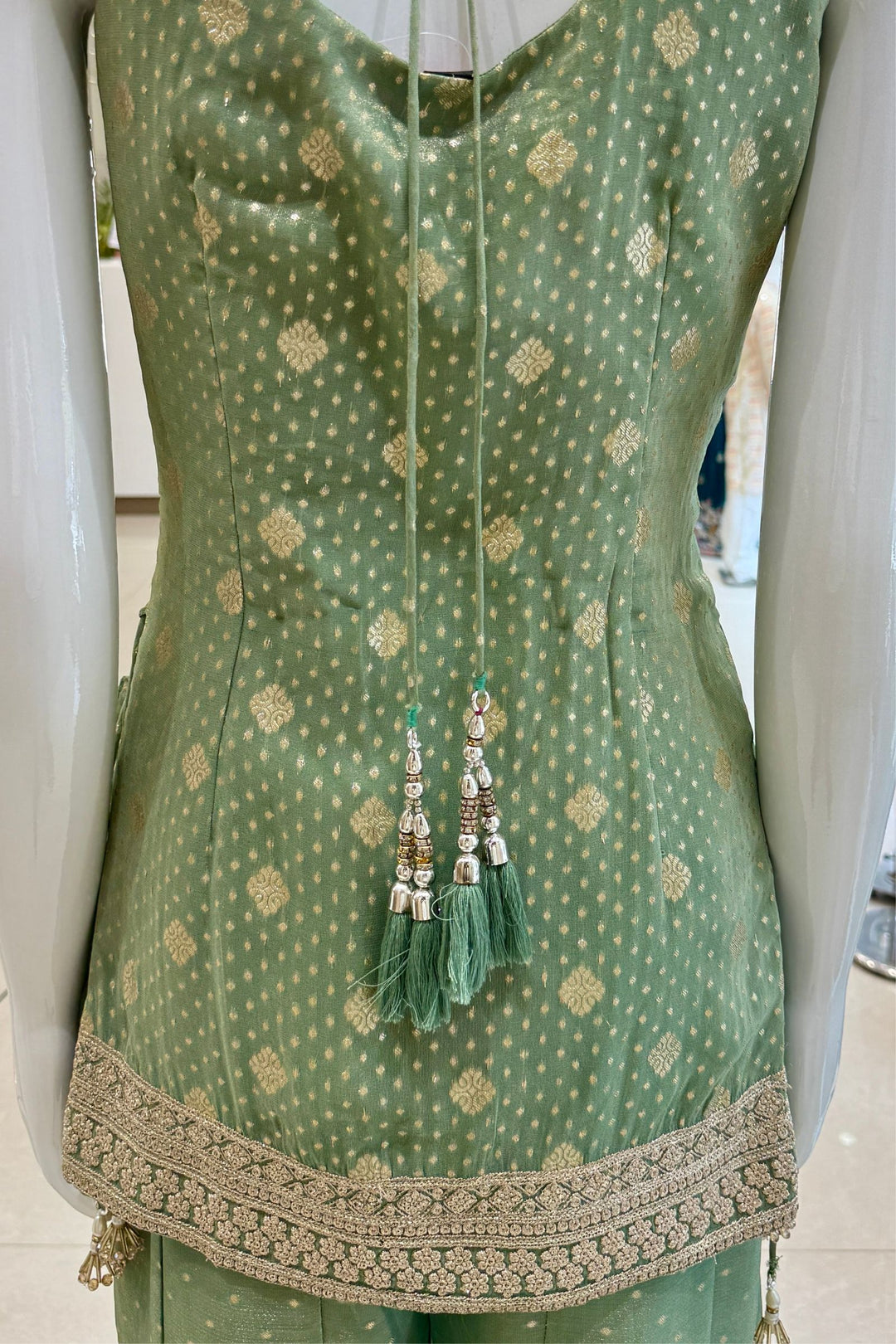 Pista Green Palazzo Salwar Suit with Banaras, Mirror, Zardozi, Zari and Embroidery Detailing