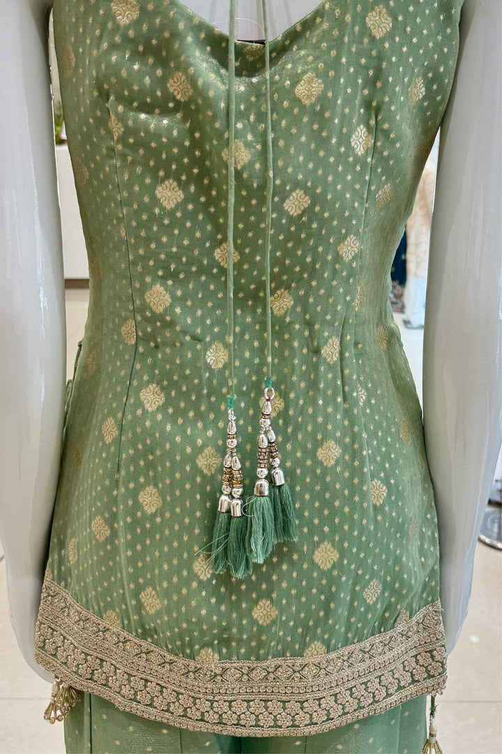 Pista Green Palazzo Salwar Suit with Banaras, Mirror, Zardozi, Zari and Embroidery Detailing
