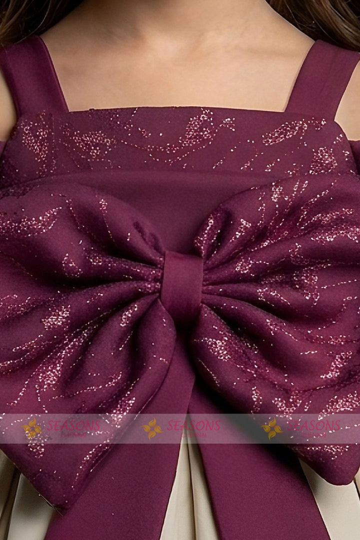 Maroon with Beige Short Partywear Frock for Girls
