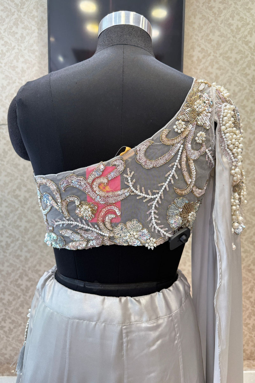 Grey Pearls, Sequins and Beads work Indo-Western Styled Lehenga