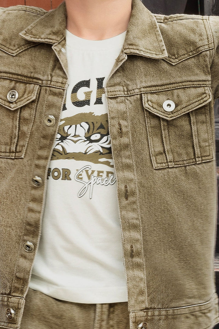 Brown Blazer with Cream Printed T-Shirt and Pant Set for Boys with Belt