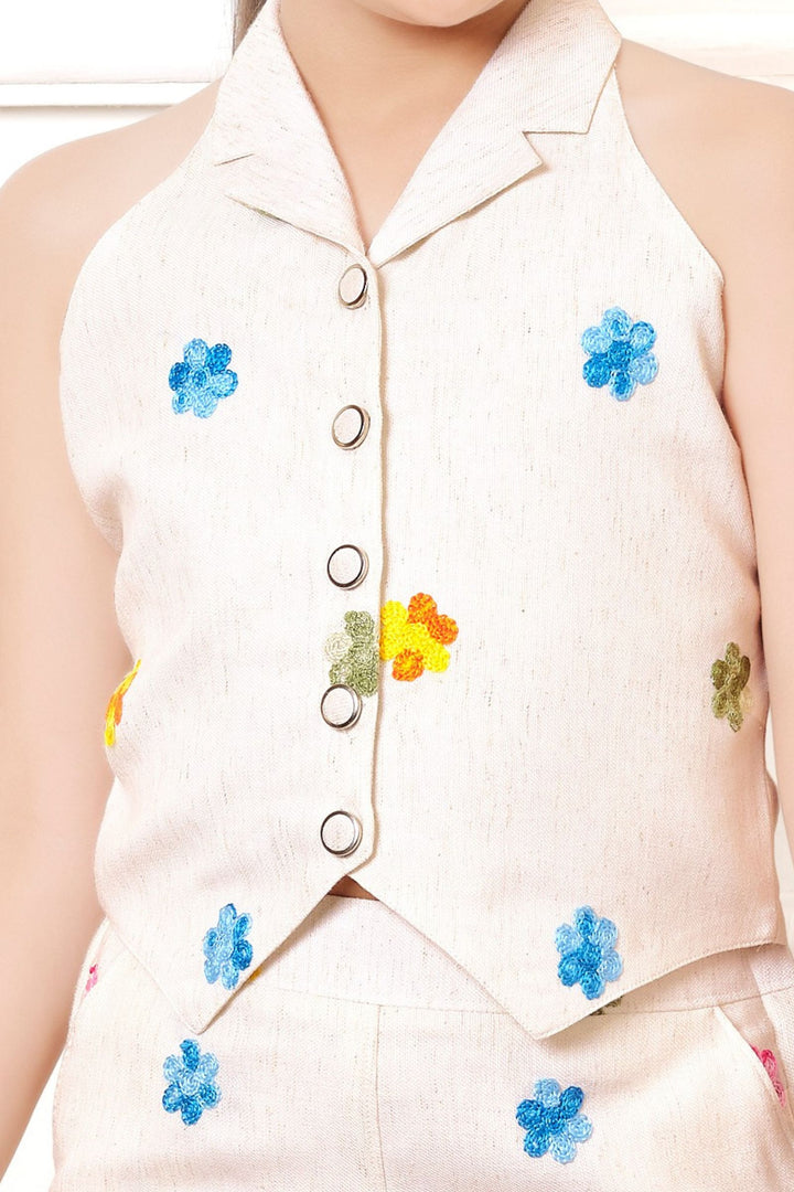 Cream Multicolor Embroidery work Co-ord Set for Girls