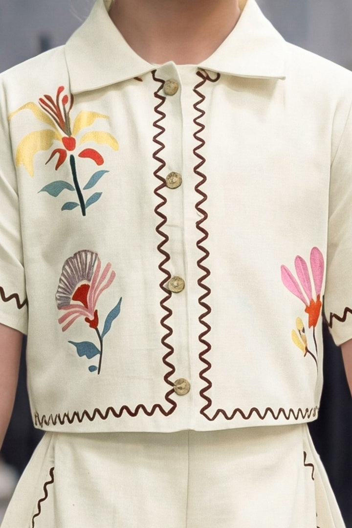 Half White Floral Print Top and Shorts For Girls