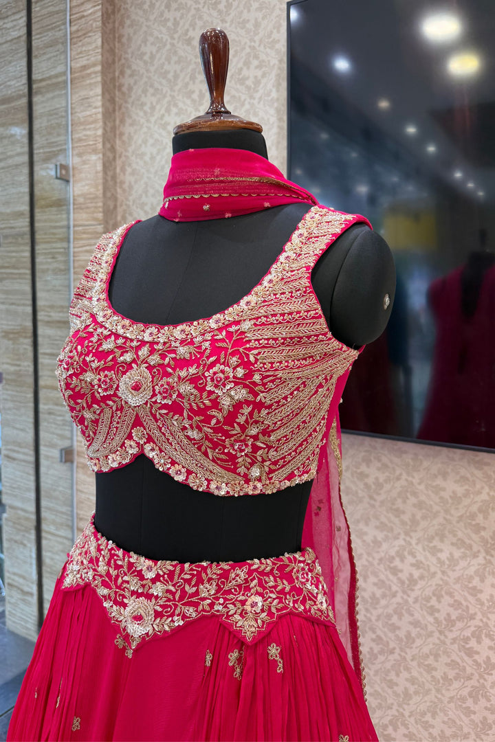 Rani Pink Sequins, Beads, Mirror, Zardozi and Zari work Crop Top Lehenga
