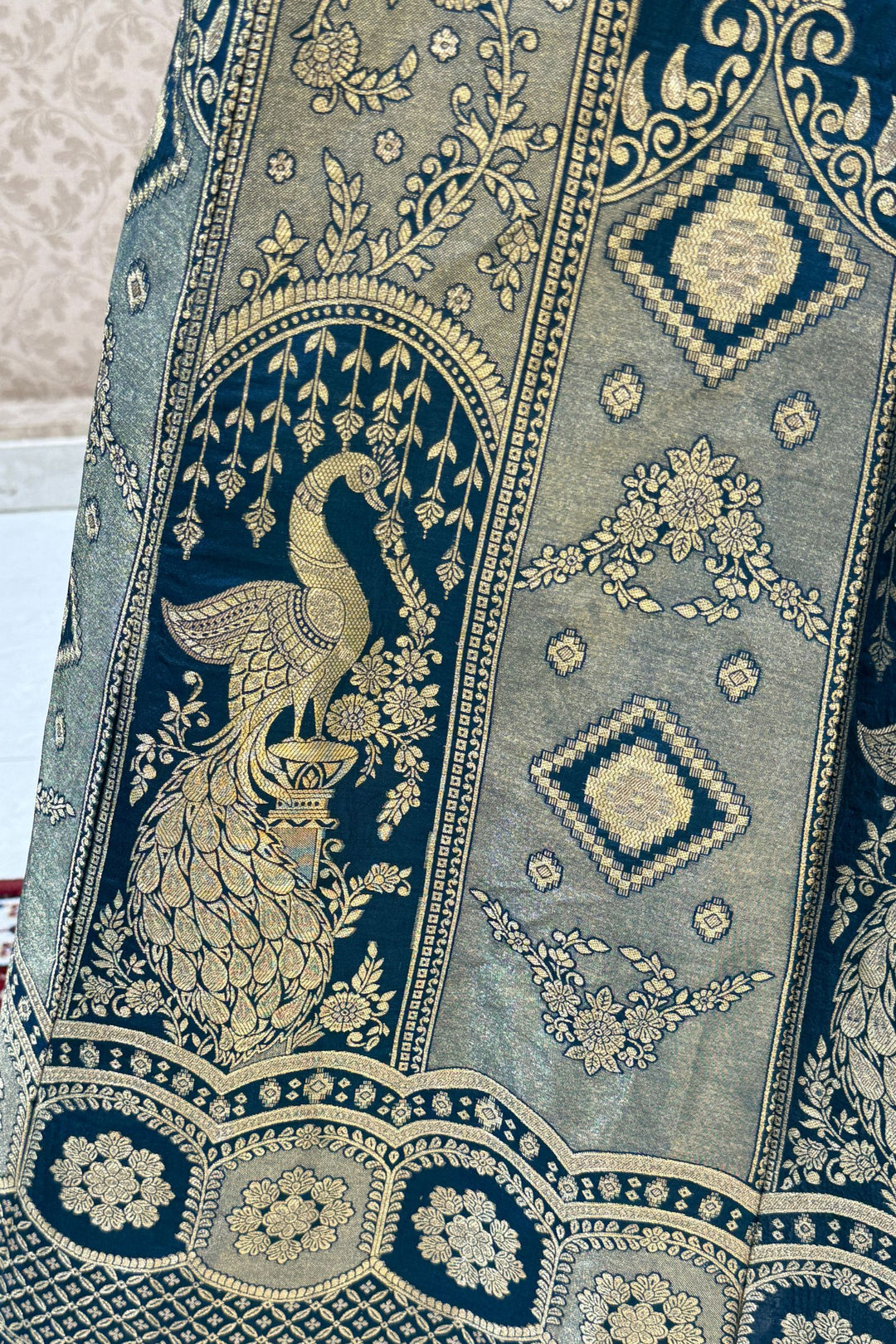 Peacock Blue Mirror, Beads, Zari, Sequins and Banaras work Crop Top Bridal Lehenga