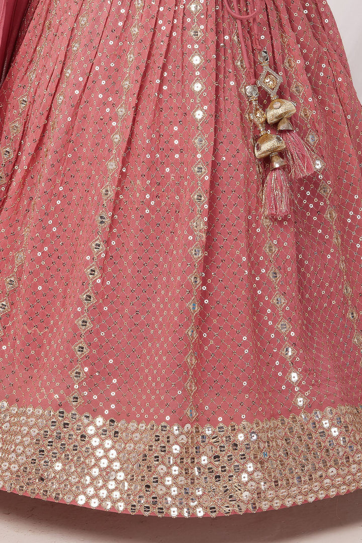 Onion Pink Sequins, Zari, Mirror and Beads work Lehenga Choli for Girls