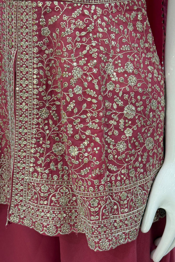 Dark Pink Silver Zari and Sequins work Peplum Top with Palazzo Suit Set