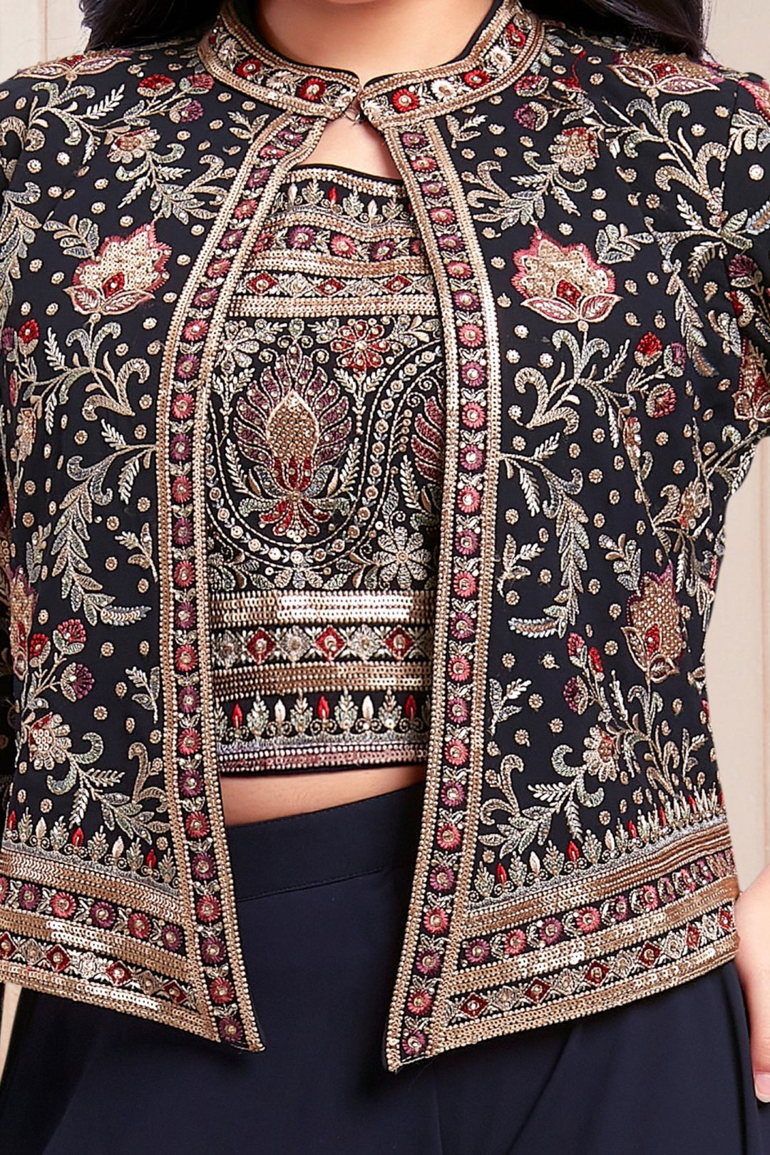 Navy Blue Multicolor Embroidery, Sequins and Zari work Jacket Styled Palazzo Set for Girls