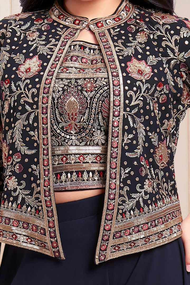 Navy Blue Multicolor Embroidery, Sequins and Zari work Jacket Styled Palazzo Set for Girls